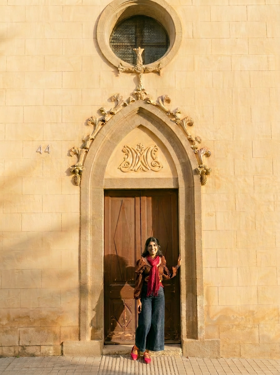 Aishwarya Jain, architect, standing at a gothic stone doorway in Barcelona